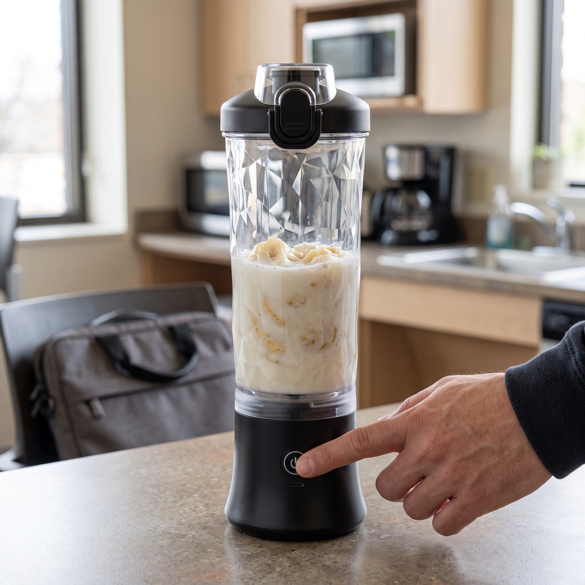 Black blender mixing fruit and milk at a desk