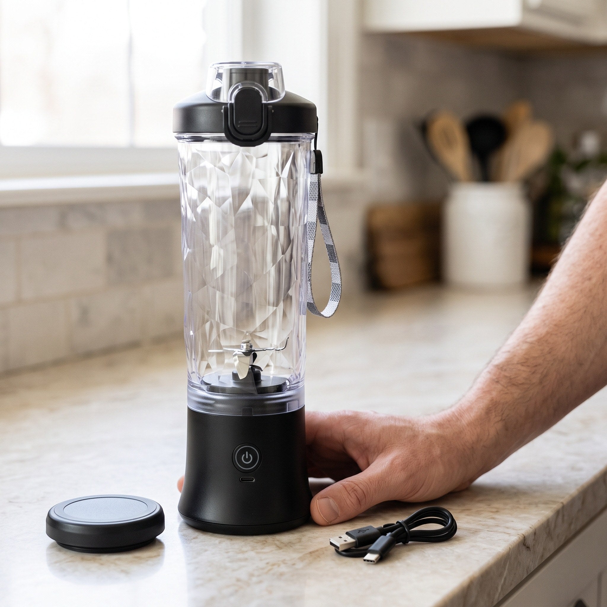 Blender, travel base cap and charging cable