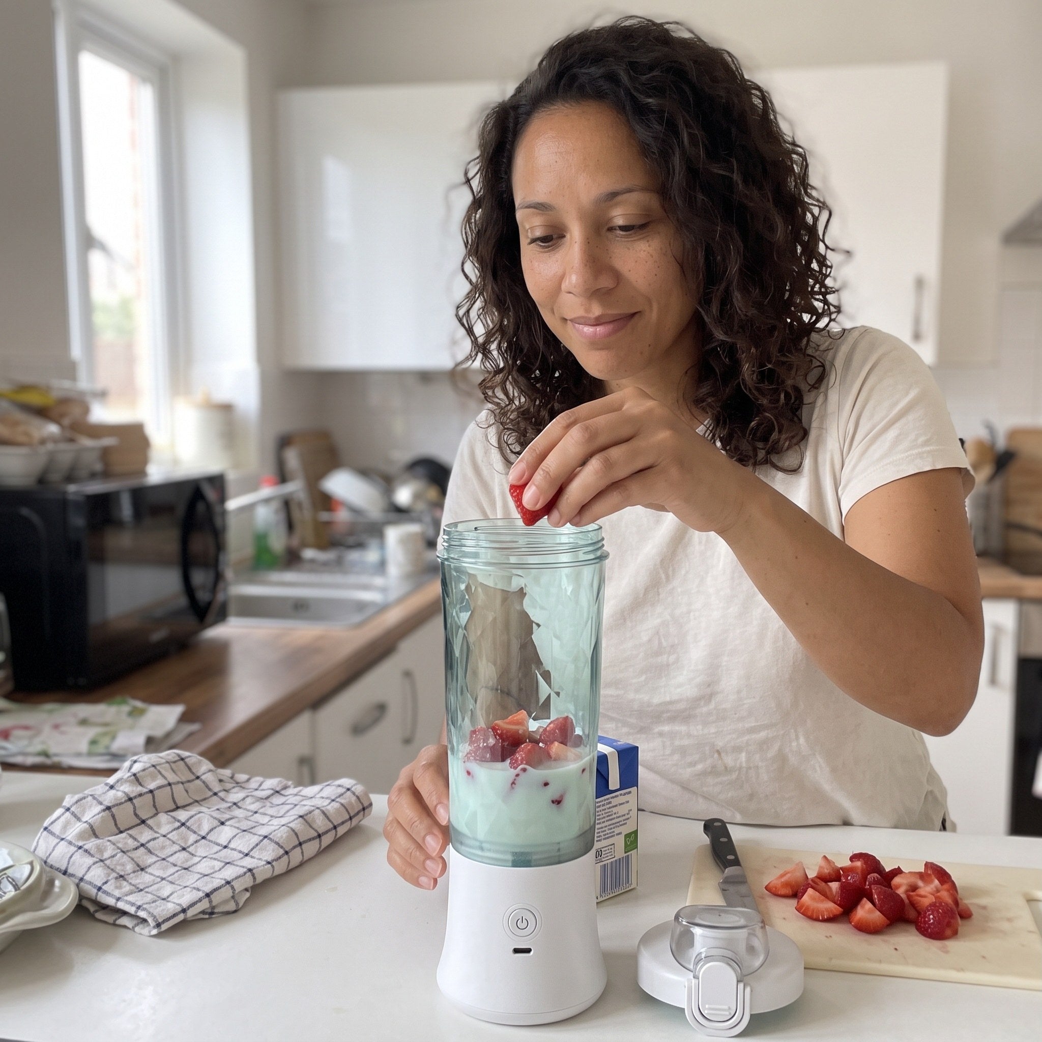 White blender on a balcony breakfast table