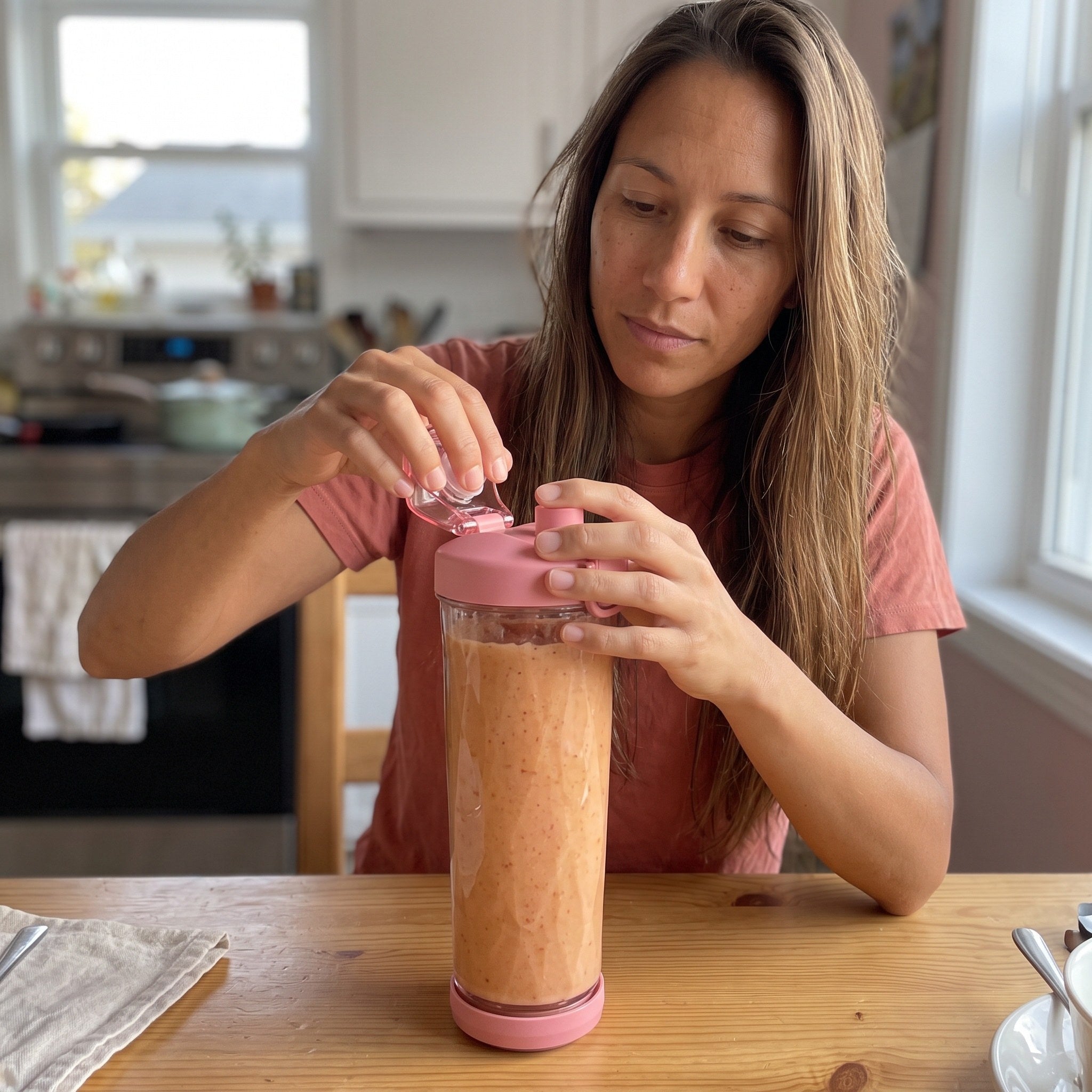Pink smoothie cup beside a crossword