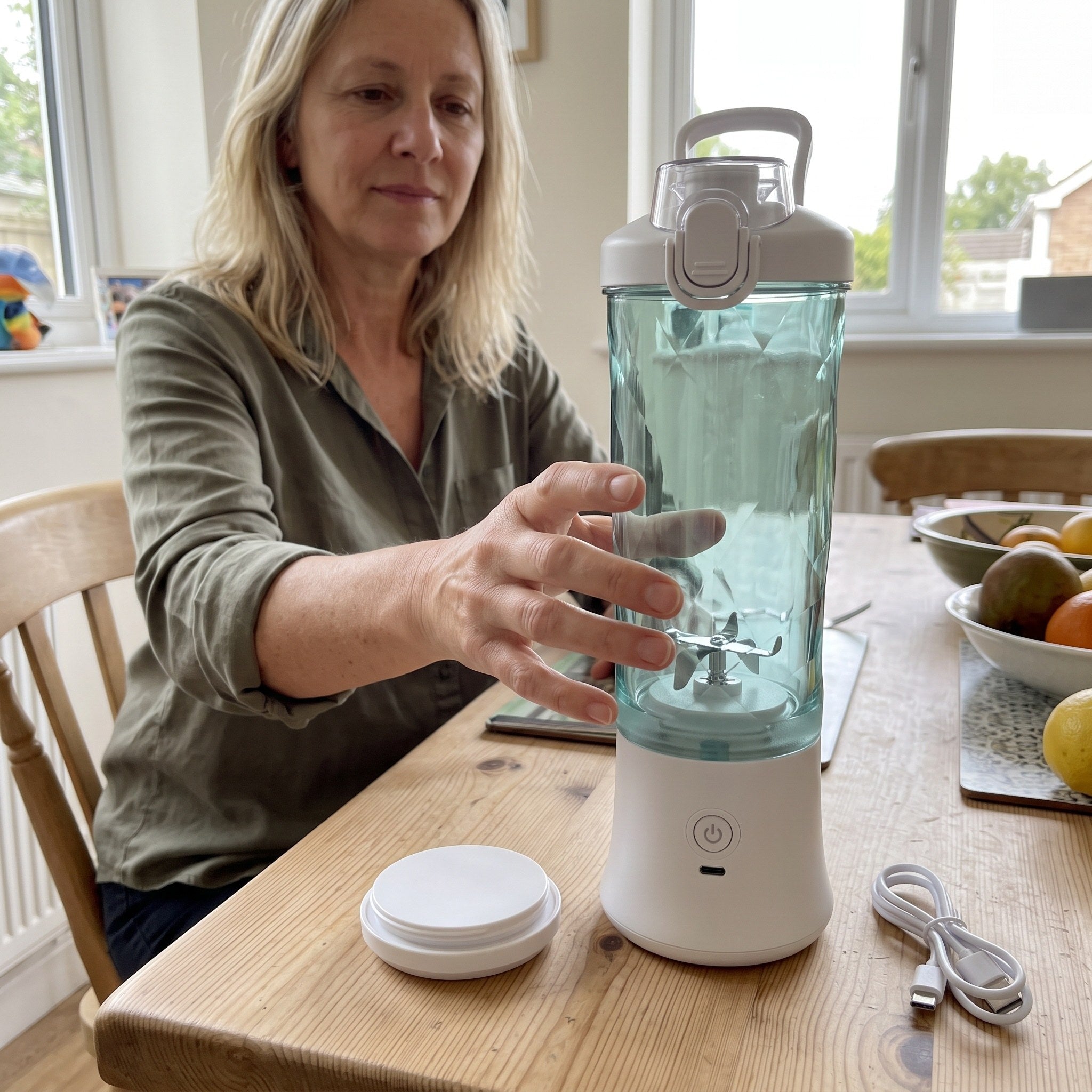 White blender and fruit at breakfast