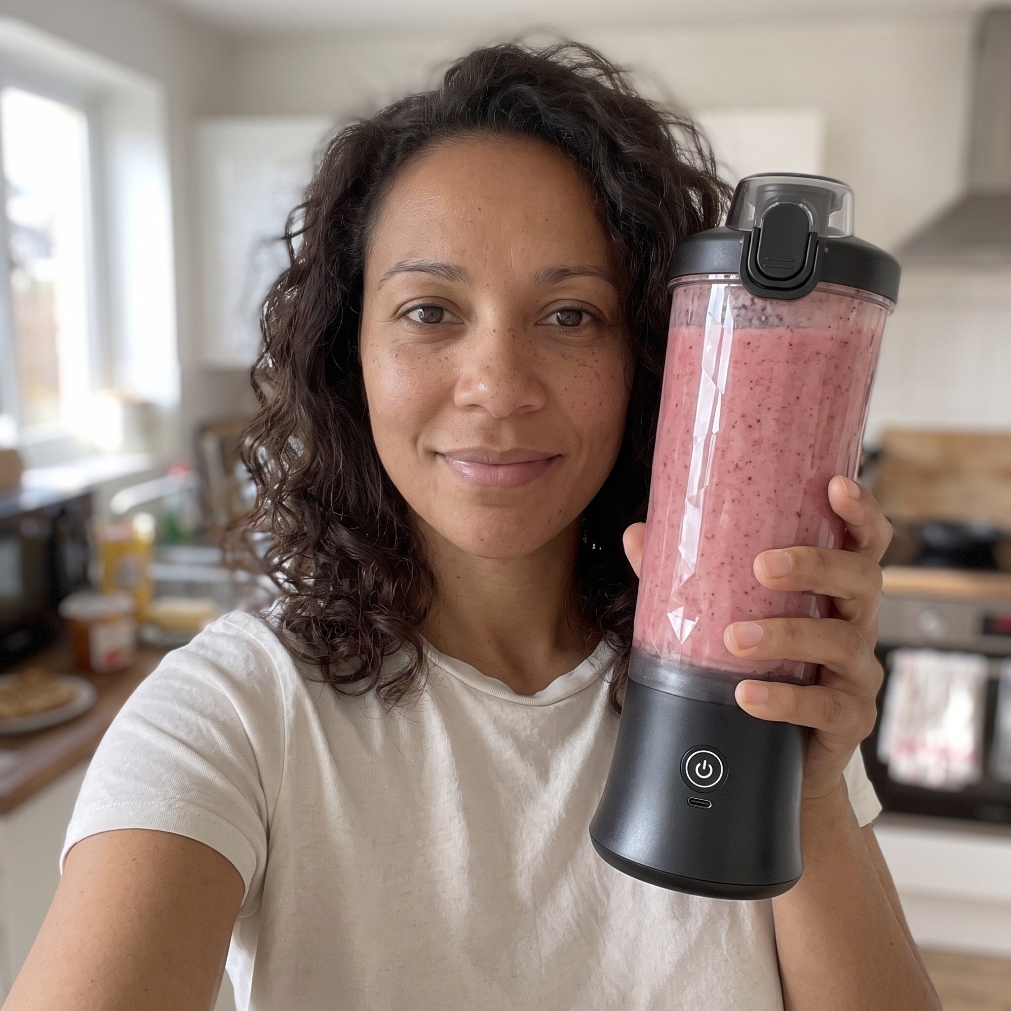 M. R. holding her black blender in the kitchen