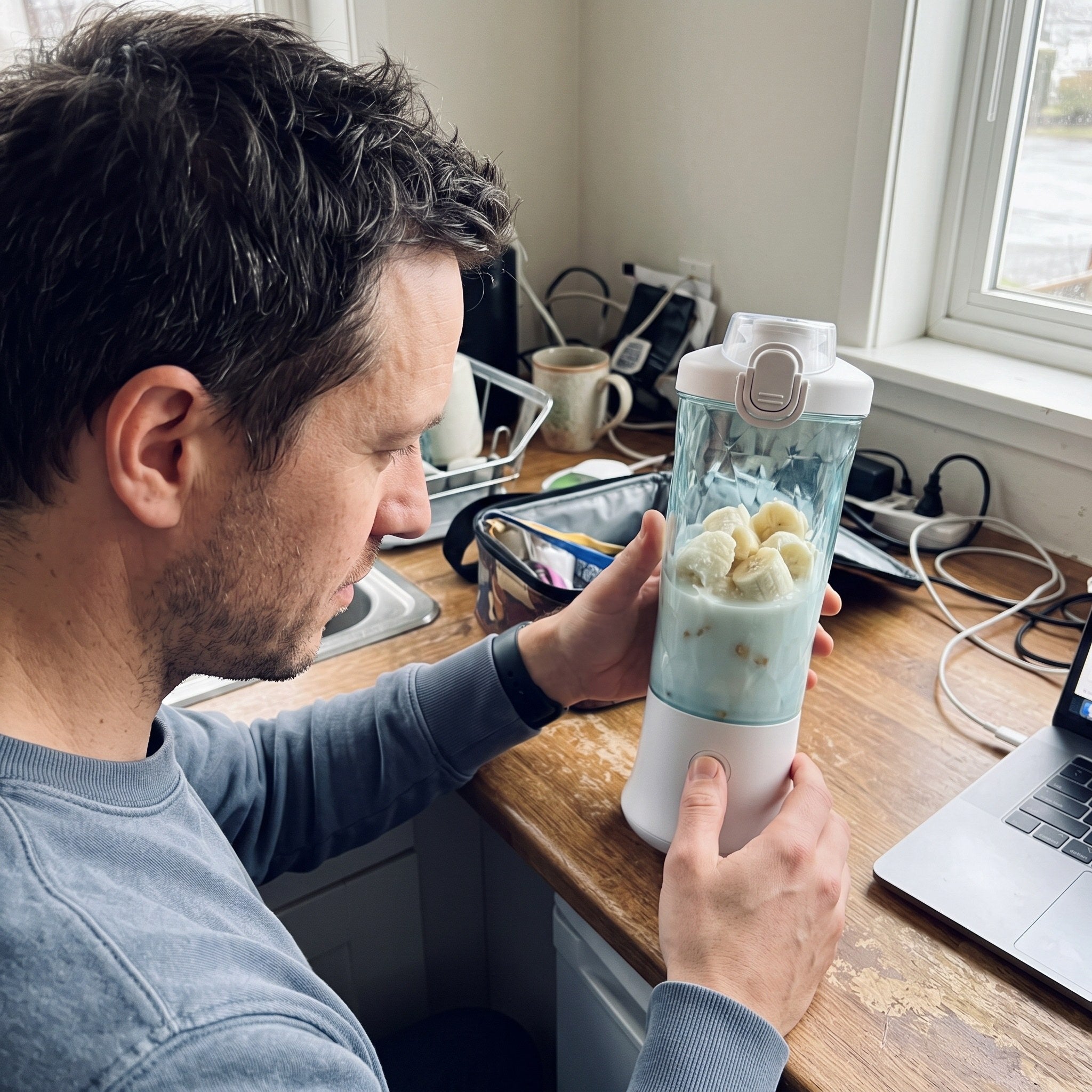 J. K. using his black blender at a desk