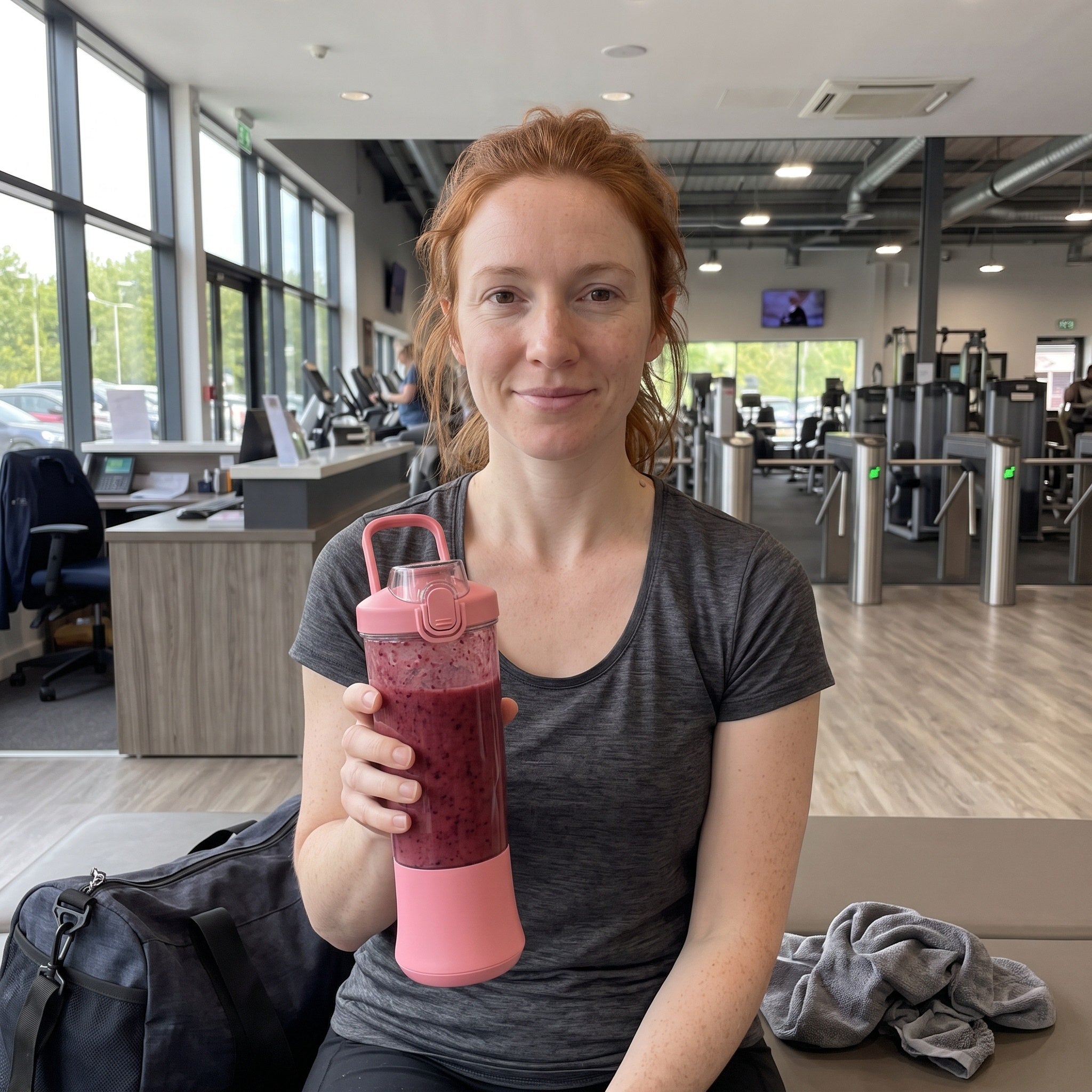 S. M. holding her pink smoothie cup after exercise