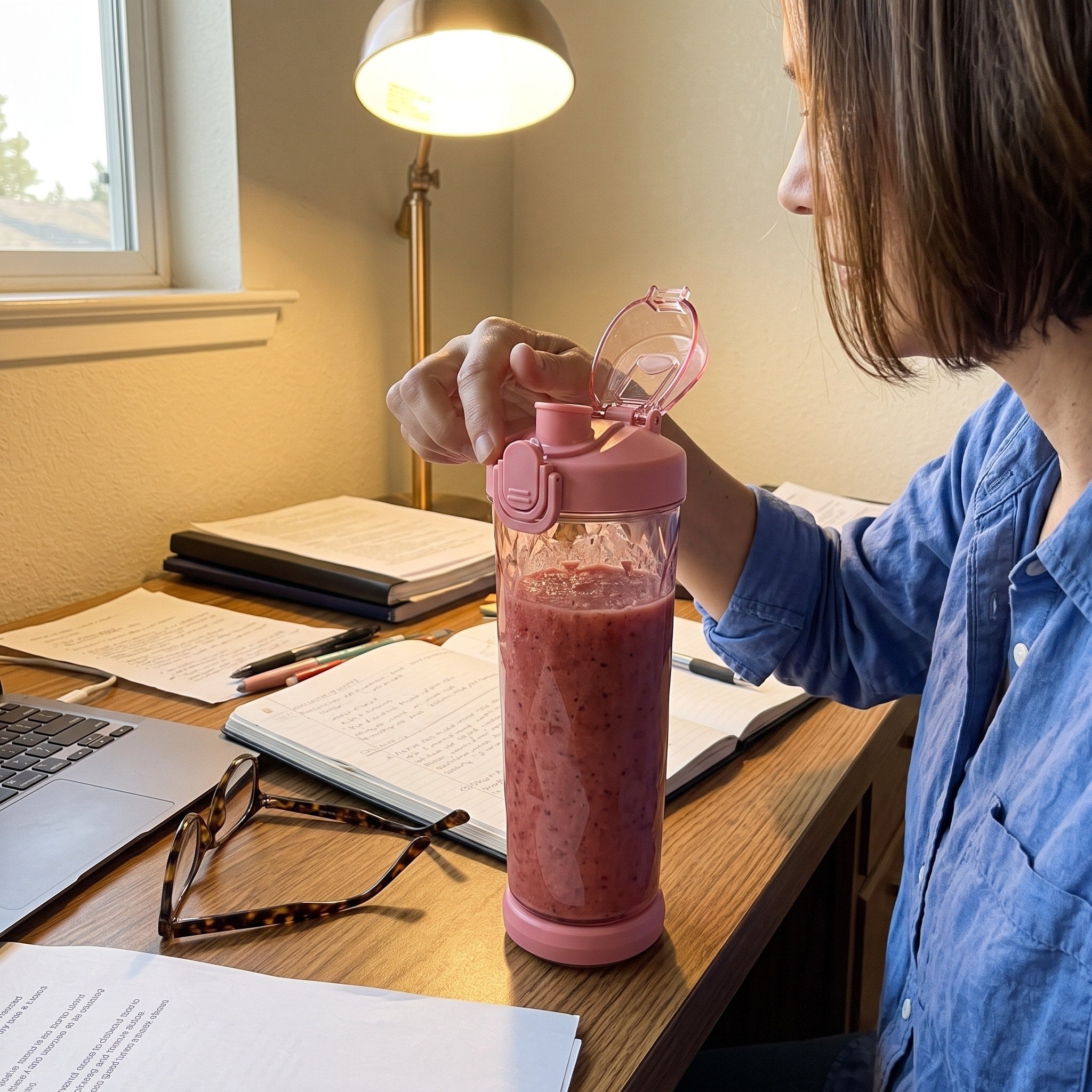 A. T. with her pink smoothie cup at her study desk